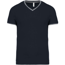 KARIBAN Férfi V-nyakú piké póló, kontrasztos szélekkel, Kariban KA374, Navy/Light Grey/White-S