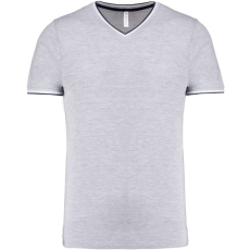 KARIBAN Férfi V-nyakú piké póló, kontrasztos szélekkel, Kariban KA374, Oxford Grey/Navy/White-XL
