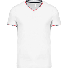 KARIBAN Férfi V-nyakú piké póló, kontrasztos szélekkel, Kariban KA374, White/Navy/Red-M