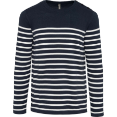KARIBAN Férfi vállon gombolós csíkos pulóver, Kariban KA989, Striped Navy/Off White-3XL