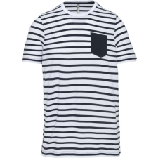 KARIBAN Gyermek matrózcsíkos pamut póló zsebbel, Kariban KA379, Striped White/Navy-10/12 gyerek póló