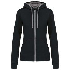 KARIBAN Női cipzáras pulóver kontrasztos bélésű kapucnival, Kariban KA467, Black/Fine Grey-S