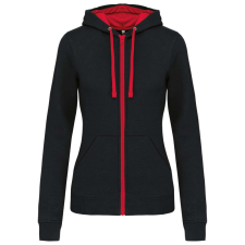 KARIBAN Női cipzáras pulóver kontrasztos bélésű kapucnival, Kariban KA467, Black/Red-S női pulóver, kardigán