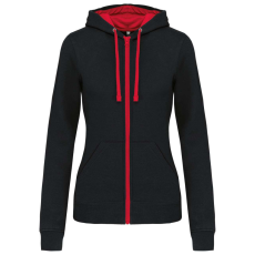 KARIBAN Női cipzáras pulóver kontrasztos bélésű kapucnival, Kariban KA467, Black/Red-XS