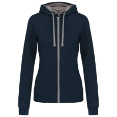 KARIBAN Női cipzáras pulóver kontrasztos bélésű kapucnival, Kariban KA467, Navy/Fine Grey-2XL