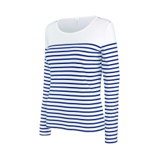 KARIBAN Női hosszú ujjú, csíkos pamut póló, Kariban KA386, Striped White/Navy-M