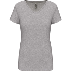 KARIBAN Női rövid ujjú V-nyakú sztreccs póló, Kariban KA3015, Light Grey Heather-XL