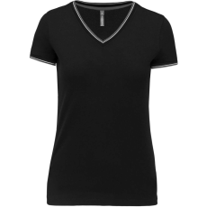 KARIBAN Női V-nyakú piké póló, csíkos szélekkel, Kariban KA394, Black/Light Grey/White-XS