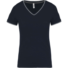 KARIBAN Női V-nyakú piké póló, csíkos szélekkel, Kariban KA394, Navy/Light Grey/White-S