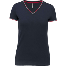 KARIBAN Női V-nyakú piké póló, csíkos szélekkel, Kariban KA394, Navy/Red/White-M