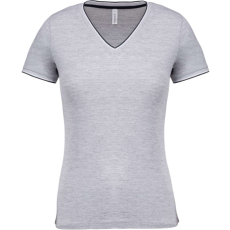 KARIBAN Női V-nyakú piké póló, csíkos szélekkel, Kariban KA394, Oxford Grey/Navy/White-M