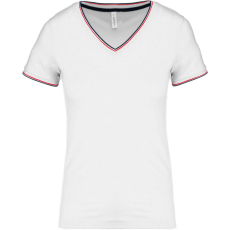 KARIBAN Női V-nyakú piké póló, csíkos szélekkel, Kariban KA394, White/Navy/Red-L