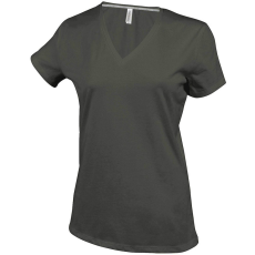 KARIBAN Női V-nyakú rövid ujjú pamut póló, Kariban KA381, Dark Khaki-3XL