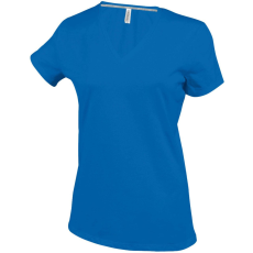 KARIBAN Női V-nyakú rövid ujjú pamut póló, Kariban KA381, Light Royal Blue-M