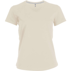 KARIBAN Női V-nyakú rövid ujjú pamut póló, Kariban KA381, Light Sand-XL