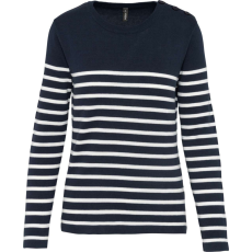 KARIBAN Női vállon gombolós csíkos pulóver, Kariban KA990, Striped Navy/Off White-S