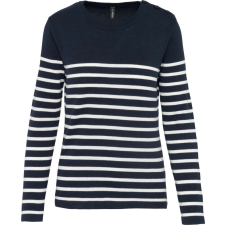 KARIBAN Női vállon gombolós csíkos pulóver, Kariban KA990, Striped Navy/Off White-XS női pulóver, kardigán