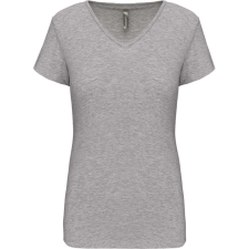 KARIBAN rövid ujjú Női V-nyakú sztreccs póló KA3015, Light Grey Heather-2XL női póló