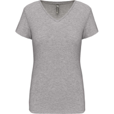 KARIBAN rövid ujjú Női V-nyakú sztreccs póló KA3015, Light Grey Heather-S női póló