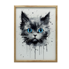 KERET FALI PLAKÁT MACSKA Akvarell színben, FEHÉR FA 30x40 CM grafika, keretezett kép