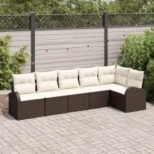  Kerti Kanapé Szett párnával 6 pcs Barna és fehér polirattan kerti bútor