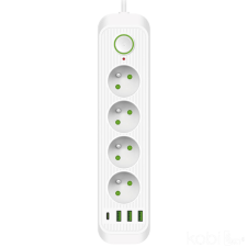 Kobi CONNECTO hosszabbító kábel 4x230V 3m 4GN földelő kapcsoló 4xUSB fehér Kobi hosszabbító, elosztó
