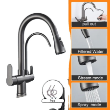  Konyhai csaptelep, kettős fogantyús kialakítás, kihúzható spray, pisztolyszürke csaptelep