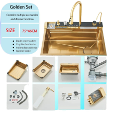  Konyhai mosogató, nagy egytálca, négylyukú beépítés, 4 gombos ecset arany mosogatótálca