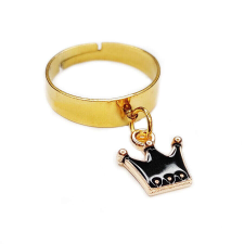 Korona Fekete tűzzománc korona charmos állítható méretű gyűrű, arany színű, választható szélességben gyűrű