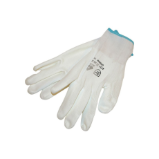  Kötött kesztyű fehér nylon, XL-es méret, 10` poliuretánba mártott teny. és ujjhegy., gumírozott mandzsetta