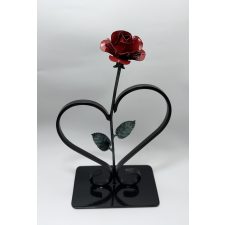  Kovácsoltvas rózsa szívben - talpazattal - VÖRÖS/ZÖLD ANTIK ajándéktárgy
