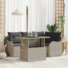  Kültéri étkező szett párnával 5 pcs Világosszürke Poli rattan kerti bútor
