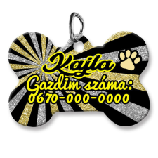  Kutyabiléta, csont alakú (tetszőleges adatokkal),  fekete-arany csíkos, glitteres háttérmintával nyakörv, póráz, hám kutyáknak