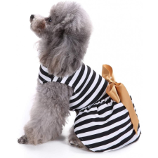  Kutyaruha - Elegáns és könnyű fekete/fehér csíkos ruha arany színű masnival - S kutyaruha