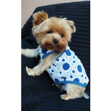  Kutyaruha - Nyári, kék/fehér pöttyös kutyatrikó, csipkés anyaggal - L kutyaruha