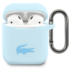 Lacoste Liquid Silicone Glossy Printing Logo AirPods 1/2 szilikon tok karabinerrel, kék fülhallgató, fejhallgató tok