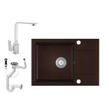 Laneo Adria 63-435BR Gránit Mosogató + Design Csaptelep + Dugóemelő (sötétbarna) csaptelep