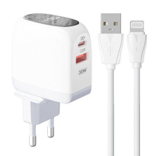 LDNIO A2522C USB-A+ USB-C hálózati töltő 30W + Lightning kábel fehér mobiltelefon kellék