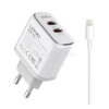 LDNIO A2528M hálózati töltő 2 Type-C aljzat (35W, PD gyorstöltő + lightning kábel) FEHÉR (A2528M_EU)