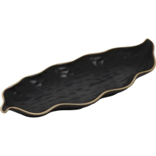 LE COQ Porcelaine Levél alakú sekély tányér, Le COQ Kypseli 28x11 cm, fekete tányér és evőeszköz
