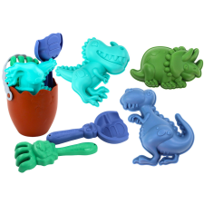 Lean Toys Dinoszauruszos homokozókészlet, vödör, tojás, gereblye, spatula, formák homokozójáték