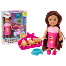 Lean Toys Mini baba hosszú hajruha, három kutya ágy baba