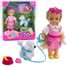 Lean Toys Mini baba szett kutyával pórázon, tállal csonttal baba
