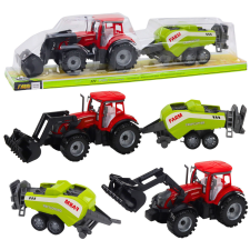 Lean Toys Traktor készlet rakodóval és mezőgazdasági bálázóval piros autópálya és játékautó