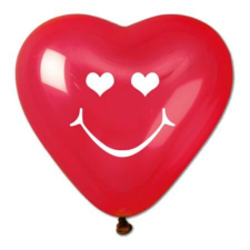  Léggömb, 40 cm, szív alakú, smiley, piros party kellék