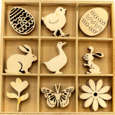  Lézetvágott natúr fa húsvéti figurák, méretük: 30x30 mm. A doboz nem tartozék dekorációs kellék