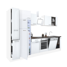 Leziter Yorki 310 konyhablokk fehér korpusz,selyemfényű fehér front alsó sütős elemmel felülfagyasztós hűtős szekrénnyel bútor
