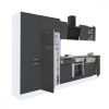 Leziter Yorki 340 konyhablokk fehér korpusz,selyemfényű antracit front alsó sütős elemmel polcos szekrénnyel és felülfagyasztós hűtős szekrénnyel