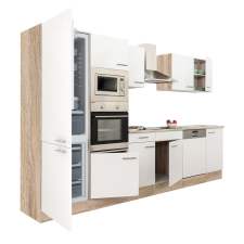 Leziter Yorki 340 konyhablokk sonoma tölgy korpusz,selyemfényű fehér fronttal alulfagyasztós hűtős szekrénnyel bútor