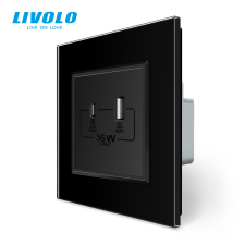 LIVOLO C77USBACB LIVOLO QC-PD 36W USB A+type-C fali töltőaljzat fekete kristályüveg villanyszerelés